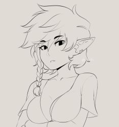 Rule 34 | 1girl, absurdres, arms under breasts, artist name, braid, breasts, collarbone, commentary, commission, earrings, greyscale, hair between eyes, hair tie, highres, jewelry, looking at viewer, medium breasts, monochrome, pointy ears, rob ishi, short hair, side braid, single braid, solo