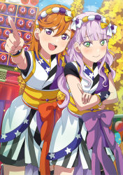 Rule 34 | 2girls, absurdres, al aoi aoba, blue sky, blunt bangs, blush, chance day chance way!, cloud, cloudy sky, commentary, embarrassed, green eyes, hairband, highres, japanese clothes, long hair, looking at viewer, love live!, love live! superstar!!, multiple girls, orange hair, pointing, purple eyes, purple hair, shibuya kanon, sky, smile, tree, wavy hair, wien margarete, wristband