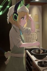 Rule 34 | 1girl, absurdres, animal ear headphones, animal ears, apron, backlighting, blonde hair, blue archive, calendar (object), cat ear headphones, chocolate making, collared shirt, commentary request, fake animal ears, from side, frying pan, glowing, green eyes, hair between eyes, halo, headphones, headpiece, highres, indoors, kitchen, looking away, midori (blue archive), neck, patanda, school uniform, shirt, short hair, short sleeves, sidelocks, solo, sticky note, valentine