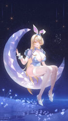 Rule 34 | 1girl, absurdres, animal ears, bare shoulders, blonde hair, blue leotard, blush, bow, breasts, cleavage, covered navel, fake animal ears, fishnet thighhighs, fishnets, flower, high heels, highres, huge breasts, large breasts, legs, leotard, long hair, looking at viewer, moon, night, on crescent, original, playboy bunny, pumps, rabbit ears, rabbit tail, shoes, sitting, sky, smile, solo, star (sky), starry sky, stiletto heels, strapless, strapless leotard, tail, thighhighs, white thighhighs, yellow eyes, zzo (chorizzzzo)