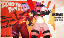 Rule 34 | 10s, 2girls, absurdres, blindfold, blindfold lift, bodysuit, breasts, character name, cleavage cutout, clothing cutout, cosplay, costume switch, covered erect nipples, crossover, darling in the franxx, gluteal fold, highres, horns, leotard, looking at viewer, middle finger, monori rogue, multiple girls, name connection, nier (series), nier:automata, ok sign, pilot suit, pink hair, silver hair, skin tight, thigh gap, thighhighs, v, 2b (nier:automata), zero two (darling in the franxx)