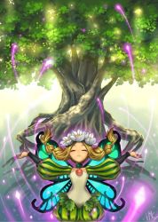 Rule 34 | 1girl, blonde hair, braid, butterfly wings, closed eyes, fairy, flower, hair flower, hair ornament, insect wings, kuzuboshi hikaru, long hair, mercedes (odin sphere), odin sphere, outstretched arms, pointy ears, puff and slash sleeves, puffy shorts, puffy sleeves, shorts, solo, spread arms, tree, twin braids, wings