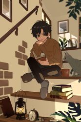 Rule 34 | 1boy, animal, arisa (aren), artist name, black hair, black pants, book, book stack, brown footwear, brown shirt, cat, chair, clock, closed mouth, collared shirt, commentary, cup, dial, dot nose, full body, glasses, grey cat, grey socks, head rest, highres, house, indoors, lantern, long sleeves, looking at viewer, male focus, mug, on stairs, open book, original, pants, picture frame, pile of books, plant, roman numeral, shirt, short hair, signature, sitting, sitting on stairs, slippers, smile, socks, solo, stairs, sunlight, unworn eyewear, window, yellow eyes