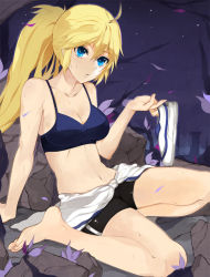Rule 34 | 1girl, :o, ahoge, arm support, bare shoulders, barefoot, bike shorts, blonde hair, blue eyes, breasts, cleavage, clothes around waist, collarbone, feet, holding, holding shoes, jacket, jacket around waist, kakaaru, midriff, navel, night, odien (sword girls), outdoors, ponytail, shoes, unworn shoes, sitting, solo, sports bra, star (symbol), sword girls, wariza