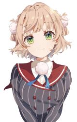 Rule 34 | 1girl, blonde hair, blue ribbon, braid, breasts, buttons, closed mouth, collared jacket, double-breasted, dress shirt, eyelashes, french braid, green eyes, grey jacket, hair ornament, hair rings, highres, indie virtual youtuber, jacket, looking at viewer, neck ribbon, nobori yuzu, pinstripe jacket, pinstripe pattern, pom pom (clothes), pom pom hair ornament, red sailor collar, ribbon, sailor collar, shigure ui (vtuber) (1st costume), shigure ui (vtuber), shirt, side braid, simple background, small breasts, smile, solo, straight-on, striped, upper body, v arms, virtual youtuber, white background, white shirt