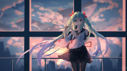 Rule 34 | 1girl, absurdres, alternate costume, aqua hair, backlighting, bare shoulders, black pantyhose, black skirt, blue eyes, blue sailor collar, blue whale, chinese commentary, cityscape, cloud, cloudy sky, commentary request, detached sleeves, flute, hatsune miku, highres, indoors, instrument, long hair, long sleeves, looking at viewer, music, neckerchief, pantyhose, playing instrument, pleated skirt, red ribbon, ribbon, ribbon-trimmed sleeves, ribbon trim, sailor collar, school uniform, serafuku, shirt, sidelocks, signature, skirt, sky, solo, sunlight, user cxmk7438, very long hair, vocaloid, white shirt, wide sleeves, window, yellow neckerchief