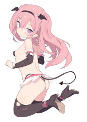 Rule 34 | 1girl, ass, bare shoulders, bikini, bikini day, black bikini, black footwear, black sleeves, blade (galaxist), blush, boots, breasts, closed mouth, commentary request, copyright request, demon girl, demon tail, demon wings, detached sleeves, full body, head wings, high heel boots, high heels, highres, long sleeves, looking at viewer, looking back, microskirt, pink hair, pointy ears, purple eyes, shoe soles, simple background, skirt, sleeves past wrists, small breasts, solo, swimsuit, tail, thigh boots, thighhighs, two side up, white background, white skirt, wings
