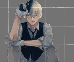 Rule 34 | 1boy, amuro tooru, arm up, black necktie, black vest, blonde hair, closed mouth, collared shirt, commentary request, gloves, green eyes, grey background, grey gloves, grey pants, grey shirt, grid, grid background, gun, hair between eyes, holding, holding gun, holding weapon, lips, looking at viewer, loose necktie, male focus, meitantei conan, mrc-k, necktie, pants, shirt, sitting, sleeves rolled up, solo, vest, water drop, weapon, wet, wet clothes, wet shirt