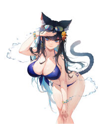 Rule 34 | 1girl, absurdres, animal ear fluff, animal ears, arm up, bare shoulders, bead bracelet, beads, bikini, black hair, blue bikini, blue eyes, bracelet, breasts, cat ears, cat girl, cat tail, cleavage, closed mouth, collarbone, covering own eyes, de yi, earrings, extra ears, eyewear on head, feet out of frame, flower, front-tie bikini top, front-tie top, hair flower, hair ornament, halterneck, heart, heart-shaped pupils, highres, jewelry, large breasts, leaning forward, light smile, long hair, looking at viewer, navel, original, red pupils, side-tie bikini bottom, sidelocks, simple background, solo, standing, sunglasses, swimsuit, symbol-shaped pupils, tail, tail raised, thighs, very long hair, water, white background