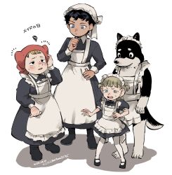 Rule 34 | 2boys, 2girls, alternate costume, animal ears, apron, black bow, black bowtie, black dress, black eyes, black footwear, black hair, blonde hair, blue eyes, blunt bangs, bow, bowtie, crossdressing, dated, dog boy, dog ears, dog tail, dress, dungeon meshi, enmaided, frilled apron, frills, full body, furry, furry male, green eyes, hand on own head, hand on own hip, hat, head scarf, highres, holm kranom, kabru, kuro (dungeon meshi), looking at another, maid, maid apron, maid day, maid headdress, mary janes, mickbell tomas, multiple boys, multiple girls, open mouth, pantyhose, puffy short sleeves, puffy sleeves, shoes, short bangs, short hair, short sleeves, simple background, squiggle, standing, sweatdrop, tail, tmr0621, two side up, white background, white hat, white pantyhose