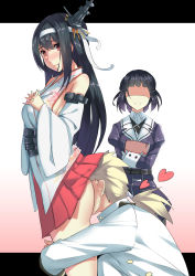 Rule 34 | 10s, 1boy, 2girls, admiral (kancolle), black hair, blonde hair, blush, breasts, detached sleeves, face in ass, false smile, fusou (kancolle), gloves, hair ornament, hairclip, headband, heart, highres, hug, hug from behind, interlocked fingers, japanese clothes, kantai collection, large breasts, military, military uniform, multiple girls, myoukou (kancolle), naval uniform, ponytail, red eyes, shaded face, sideboob, smile, uniform, wide sleeves, yonoki