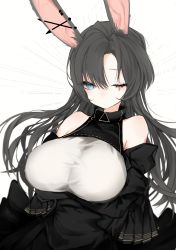 Rule 34 | 1girl, animal ears, bare shoulders, black dress, blue eyes, breasts, closed mouth, detached sleeves, dot mouth, dot nose, dress, earrings, grey hair, highres, huge breasts, jewelry, long hair, long sleeves, looking at viewer, narue, one-eyed, one eye closed, original, rabbit ears, slit pupils, solo, stitched eye