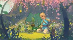 Rule 34 | !?, 1boy, absurdres, arm guards, belt, blonde hair, blue eyes, blue tunic, boots, cherry blossoms, chest strap, ciloranko, earrings, fingerless gloves, full body, gloves, grass, hair between eyes, hand on own neck, highres, holding, holding stick, jewelry, kneeling, korok, leaf, link, low ponytail, mask, medium hair, nintendo, outdoors, parted lips, pointy ears, rock, shield, shield on back, stick, talking, the legend of zelda, the legend of zelda: breath of the wild, tree