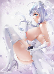 Rule 34 | 1girl, ahoge, ass, azur lane, back, bare shoulders, blue eyes, blush, box, breasts, breasts out, dress, fetal position, flower, full body, garter belt, garter straps, gloves, hair flower, hair ornament, hand to own mouth, high heels, highres, holding, holding box, illustrious (azur lane), illustrious (morning star of love and hope) (azur lane), large breasts, legs, long hair, looking at viewer, looking to the side, mole, mole under eye, nipples, no bra, official alternate costume, petals, profile, sideboob, sidelocks, signature, smile, solo, thighhighs, those girls, veil, wedding dress, white dress, white gloves, white theme, white thighhighs