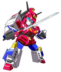 Rule 34 | 1980s (style), 1boy, autobot, beni (nikaidera), blue eyes, fighting stance, full body, glowing, highres, holding, holding sword, holding weapon, insignia, male focus, no humans, retro artstyle, retro artstyle, simple background, solo, star saber (transformers), sword, transformers, transformers victory, weapon, white background