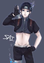 Rule 34 | 1boy, black hair, character name, forehead protector, hand on own hip, headband, highres, male focus, midriff, naruto, naruto (series), open mouth, sai, solo, tongue