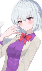 Rule 34 | 1girl, absurdres, anima miko, arm up, blush, bow, bowtie, braid, breasts, closed mouth, collared dress, dress, feathered wings, french braid, grey hair, highres, jacket, kishin sagume, large breasts, long sleeves, looking at viewer, purple dress, red bow, red bowtie, red eyes, short hair, simple background, single wing, solo, suit jacket, touhou, white background, white wings, wing collar, wings