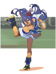 Rule 34 | 1girl, absurdres, animal ears, ball, baseball, baseball glove, blue hair, blue skirt, breasts, cleavage, clenched teeth, commentary request, dark-skinned female, dark skin, ear scrunchie, fold-over boots, from side, frown, full body, hair between eyes, hair ornament, hairclip, high heels, highres, hishi amazon (umamusume), holding, holding ball, horse ears, horse girl, horse tail, leg up, long hair, medium breasts, miniskirt, motion blur, nishiki kazue, off shoulder, outstretched arm, red eyes, school uniform, serafuku, shirt, side-tie shirt, sidelocks, skirt, solo, standing, standing on one leg, tail, tan, teeth, thigh strap, umamusume, very long hair, white background, white shirt, wide-eyed, wide sleeves