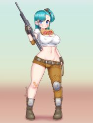 Rule 34 | 1girl, asymmetrical clothes, bandaid, bandaid on knee, bandaid on leg, belt, blue eyes, blue hair, blush, boots, breasts, brown belt, brown footwear, brown gloves, bulma, cleavage, closed mouth, covered erect nipples, dragon ball, dragon ball (classic), finger on trigger, fingerless gloves, full body, gloves, gun, holding, holding gun, holding weapon, kionant, large breasts, looking at viewer, midriff, navel, one side up, pigeon-toed, rifle, signature, single pantsleg, smile, solo, weapon