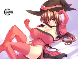 Rule 34 | 1girl, blush, breasts, cierra (riviera), elbow gloves, gloves, gunner-l, hat, huge breasts, long hair, open mouth, red eyes, riviera, thighhighs, witch, witch hat