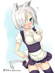 Rule 34 | 10s, 1girl, alternate costume, animal ears, breasts, cat ears, cat tail, cleft of venus, cowboy shot, gloves, hair over one eye, hamakaze (kancolle), kantai collection, maid, ochinsama, panties, short hair, solo, tail, underwear, white gloves, white hair