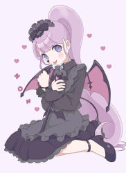 Rule 34 | 1girl, absurdres, black ankleband, black bow, black dress, black footwear, black nails, bow, character name, demon tail, demon wings, dress, grey background, hairband, highres, holding, holding wand, lolita hairband, long hair, long sleeves, looking at viewer, manaka non, ponytail, pretty series, pripara, purple eyes, purple hair, solo, tail, tongue, tongue out, uxu uxa axa, very long hair, wand, wings
