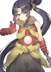 Rule 34 | 1girl, armor, baggy pants, bare shoulders, black hair, blue eyes, blush, breastplate, breasts, closed mouth, cosplay, elbow gloves, fate/grand order, fate (series), gloves, long hair, looking at viewer, medium breasts, musashibo benkei (fate), musashibo benkei (fate) (cosplay), pants, parted bangs, pinta (ayashii bochi), polearm, sash, side ponytail, skull, smile, solo, spear, ushiwakamaru (fate), very long hair, weapon