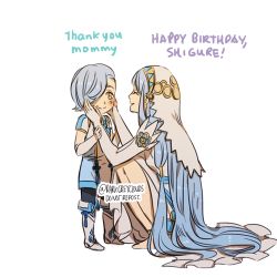 Rule 34 | 1boy, 1girl, artist name, azura (fire emblem), blue hair, boots, child, darkgreyclouds, dress, english text, closed eyes, fire emblem, fire emblem fates, hair over one eye, happy birthday, headdress, lowres, mother and son, nintendo, shigure (fire emblem), smile, squatting, white dress, white footwear, yellow eyes, aged down