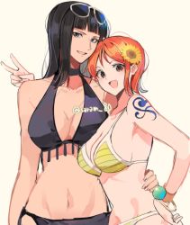 Rule 34 | 2girls, :d, alternate costume, arm around shoulder, arm around waist, arm tattoo, asymmetrical hair, bikini, black bikini, black choker, black hair, blue eyes, blunt bangs, bracelet, breasts, choker, cleavage, collarbone, commentary, english commentary, eyewear on head, flower, hair flower, hair ornament, halterneck, hug, jewelry, joman, large breasts, log pose, looking at viewer, medium hair, multiple girls, nami (one piece), navel, nico robin, one piece, open mouth, orange eyes, orange hair, parted bangs, short hair, simple background, smile, stomach, straight hair, sunflower, sunglasses, swimsuit, tattoo, upper body, v, white-framed eyewear, white background, yellow bikini