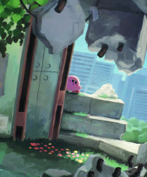 Rule 34 | abandoned, absurdres, building, bush, city, concrete, day, flower, grass, highres, kirby, kirby (series), kirby and the forgotten land, leaf, looking to the side, nintendo, open mouth, outdoors, rock, scenery, sky, solo, suyasuyabi
