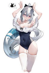 Rule 34 | 1girl, ?, absurdres, armpits, arms up, black bow, blue archive, blue one-piece swimsuit, bow, breasts, casual one-piece swimsuit, cleavage, closed mouth, collarbone, covered navel, cowboy shot, cropped legs, floating hair, frilled one-piece swimsuit, frills, hair bow, highres, innertube, kyky (-kyky), large breasts, long hair, looking at viewer, miyako (blue archive), miyako (swimsuit) (blue archive), no halo, off-shoulder one-piece swimsuit, off shoulder, official alternate costume, one-piece swimsuit, ponytail, purple eyes, rabbit pose, solo, speech bubble, spoken animal, spoken question mark, swim ring, swimsuit, thighhighs, very long hair, white background, white hair, white thighhighs