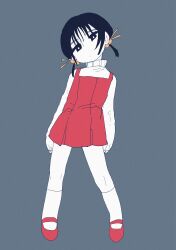 Rule 34 | 1girl, black eyes, black hair, dress, grey background, hair bobbles, hair ornament, head tilt, highres, kaai yuki, limited palette, long sleeves, looking at viewer, mary janes, pleated skirt, red dress, red footwear, shimeji (user fkzg7225), shoes, short twintails, sketch, skirt, sleeves past wrists, socks, solo, sweater, turtleneck, turtleneck sweater, twintails, vocaloid, white sweater