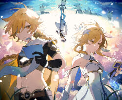 Rule 34 | 1girl, 2boys, aether (genshin impact), ahoge, arm armor, bare shoulders, blonde hair, braid, brother and sister, brown shirt, character request, coat, commentary request, cropped shirt, detached sleeves, dress, flower, genshin impact, hair between eyes, hair flower, hair ornament, highres, hilichurl (genshin impact), holding, holding letter, letter, lumine (genshin impact), midriff, multiple boys, romper, scarf, shirt, short hair with long locks, siblings, sidelocks, single braid, syerii, white coat, white dress, white flower, white romper, white scarf, yellow eyes