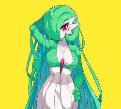Rule 34 | 1girl, arms up, breasts, cleavage, closed mouth, cowboy shot, creatures (company), drunkoak, game freak, gardevoir, gen 3 pokemon, green hair, hair over one eye, hand on own hip, large breasts, long hair, looking at viewer, mole, mole under eye, navel, nintendo, pokemon, pokemon (creature), red eyes, shiny skin, simple background, solo, standing, yellow background