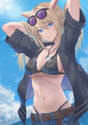 Rule 34 | 1girl, absurdres, animal ears, arms up, belt, bikini, black-framed eyewear, black bikini, black shirt, blonde hair, blue eyes, blue sky, breasts, brown belt, cat ears, cat girl, cleavage, cloud, commentary, commission, day, denim, enporion, eyewear on head, facial mark, final fantasy, final fantasy xiv, hair between eyes, hands in hair, highres, jewelry, large breasts, lens flare, long hair, miqo&#039;te, navel, necklace, open clothes, open shirt, outdoors, shirt, short sleeves, skeb commission, sky, smile, solo, stomach, sunglasses, swimsuit, swimsuit under clothes, underboob, warrior of light (ff14), whisker markings