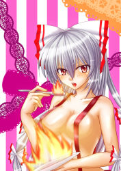 Rule 34 | 1girl, bow, female focus, fire, fujiwara no mokou, hair bow, long hair, naked suspenders, nyan no tamago, nyaw, open mouth, plate, revealing clothes, silver hair, solo, spoon, suspenders, topless, touhou