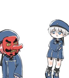 Rule 34 | 2girls, bad id, bad twitter id, black neckerchief, blue eyes, blue sailor collar, clothes writing, dress, full body, hat, hyottoko mask, kantai collection, karin bluez3, mask, multiple girls, neckerchief, sailor collar, sailor dress, sailor hat, short hair, silver hair, simple background, standing, tengu mask, white background, z1 leberecht maass (kancolle), z3 max schultz (kancolle)