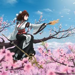 Rule 34 | 1girl, absurdres, blue sky, blurry, blurry background, blurry foreground, breasts, brown hair, cherry blossoms, cherry tree, day, depth of field, fasnakegod, flower, from side, full body, geta, hat, hauchiwa, highres, holding, holding staff, in tree, kourindou tengu costume, long sleeves, medium breasts, no wings, outdoors, outstretched arm, petals, pink flower, pom pom (clothes), red eyes, red footwear, red hat, red tassel, scenery, shameimaru aya, short hair, sitting, sitting in tree, sky, solo, staff, tokin hat, touhou, tree, white legwear, wide sleeves, wind