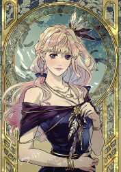 1girl armlet black_dress blonde_hair blue_eyes bracelet breasts cleavage collarbone dress feather_hair_ornament feathers floating_hair gradient_hair hair_intakes hair_ornament highres jewelry long_hair looking_at_viewer macross macross_frontier medium_breasts multicolored_hair necklace parted_lips pink_hair ryu_(masu_nantoka-san) sheryl_nome solo upper_body