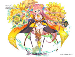 Rule 34 | 1girl, :d, ascot, boots, breasts, bridal gauntlets, brown thighhighs, cleavage cutout, clothing cutout, copyright name, flower, flower knight girl, fujishima-sei ichi-gou, full body, green eyes, hair flower, hair ornament, helianthus (flower knight girl), highres, holding, holding staff, knee boots, long hair, looking at viewer, medium breasts, miniskirt, name connection, navel cutout, object namesake, official art, open mouth, orange hair, pelvic curtain, simple background, skirt, smile, solo, staff, standing, thighhighs, two side up, white background, yellow ascot, yellow footwear, yellow skirt
