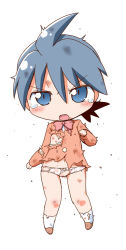 Rule 34 | 1girl, blue eyes, blue hair, blush, chibi, flat chest, gerotan, matching hair/eyes, nipples, open mouth, original, panties, pussy, school uniform, shoes, short hair, simple background, socks, solo, tears, torn clothes, uncensored, underwear, white background