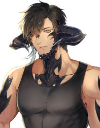 Rule 34 | 1boy, au ra, bara, bare shoulders, beard, black tank top, brown hair, close-up, collarbone, covered abs, covered erect nipples, dark-skinned male, dark skin, demon boy, demon horns, demon tail, dragon boy, dragon horns, dragon tail, facial hair, final fantasy, final fantasy xiv, highres, horns, male focus, muscular, muscular male, parted lips, pectorals, red eyes, scales, seum (kao husband), short hair, solo, tail, tank top, upper body, warrior of light (ff14)