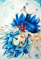 Rule 34 | 1girl, absurdres, ankle socks, bad id, bad pixiv id, blue dress, blue eyes, blue hair, cirno, cloud, cloudy sky, dress, flying, foreshortening, graphite (medium), hair ribbon, highres, looking at viewer, marker (medium), mary janes, matching hair/eyes, mr.bukiyo, open hand, open mouth, outstretched arms, reaching, reaching towards viewer, ribbon, shoes, short hair, sky, snowflakes, socks, solo, touhou, traditional media, upside-down, wings