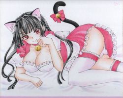 Rule 34 | 1girl, animal ears, artist request, ass, bell, black hair, breasts, cat ears, cat tail, choker, cleavage, collar, hime cut, inunekochan, kanoe yuuko, large breasts, long hair, lying, maid, neck bell, panties, paw pose, red eyes, ribbon, smile, solo, tail, tail bell, tail ornament, tail ribbon, tasogare otome x amnesia, thighhighs, traditional media, underwear, watercolor pencil (medium), white panties, white thighhighs