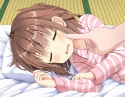 Rule 34 | 10s, 1girl, blush, brown hair, cheek poking, closed eyes, commentary request, drooling, fang, futon, ikazuchi (kancolle), jewelry, kantai collection, long sleeves, lying, on side, open mouth, pajamas, pillow, poking, pov, pov hands, ring, saliva, short hair, sleeping, smile, solo focus, striped clothes, striped pajamas, tatami, tsunsuki (naobe009), wedding band