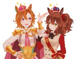 Rule 34 | 2girls, animal ears, arm behind back, armor, aston machan (umamusume), blush, bow, bowtie, breasts, brooch, brown hair, closed mouth, corset, crown, fingerless gloves, gloves, green eyes, hand on own hip, hand on own chest, horse ears, jewelry, long hair, looking at another, medium breasts, multiple girls, multiple rings, open mouth, orange hair, purple eyes, red shirt, ring, rio (rio 067), sash, shirt, short hair, shoulder armor, shoulder sash, single glove, small breasts, sparkle, t.m. opera o (umamusume), umamusume, upper body, vest, white background, white shirt, white vest