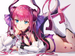 Rule 34 | 1girl, ass, blue eyes, blush, boots, breasts, curled horns, detached sleeves, dragon horns, dragon tail, dress, elizabeth bathory (fate), elizabeth bathory (fate/extra ccc), elizabeth bathory (first ascension) (fate), fate/extra, fate/extra ccc, fate (series), finger cots, finger gloves, high heel boots, high heels, highres, horns, long hair, looking at viewer, lying, manichi, on stomach, open mouth, panties, pink hair, pointy ears, purple panties, ribbon, small breasts, smile, solo, tail, thighs, two side up, underwear, white footwear