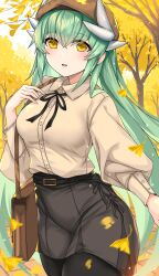 Rule 34 | brown hat, falling leaves, fate/grand order, fate (series), green hair, hat, highres, kiyohime (fate), leaf, long hair, long sleeves, looking at viewer, morizono shiki, outdoors, solo, yellow eyes
