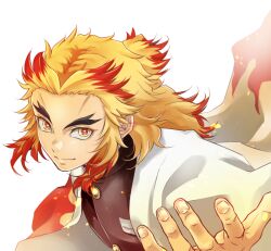 Rule 34 | 1boy, blonde hair, bright pupils, closed mouth, colored tips, demon slayer uniform, flame print, highres, kimetsu no yaiba, looking at viewer, male focus, multicolored hair, myukom, orange eyes, outstretched hand, red eyes, red hair, rengoku kyoujurou, solo, thick eyebrows, white background, white pupils