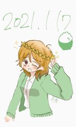 Rule 34 | 1girl, 2021, artist name, artist request, blush, bowl, breasts, brown hair, female focus, flower wreath, green jacket, hair between eyes, head wings, jacket, koizumi hanayo, long sleeves, looking at viewer, love live!, love live! school idol project, one eye closed, open clothes, open jacket, parted lips, purple eyes, rice bowl, shirt, short hair, small breasts, smile, solo, upper body, white background, white shirt, wings